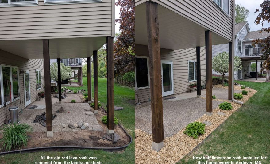 buff-limestone-landscape-bed-project-andover-mn-main before and after pic of landscape bed project